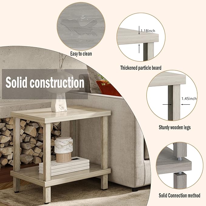 Large End Table Square Side Table Modern Sofa Table 20 Inch Industrial Coffee Table NightStand with 2-Tier Storage Shelf for Living Room Bedroom Oak Grey MLBZ06Z