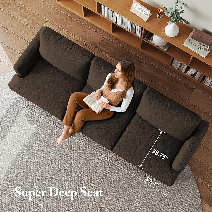 3 Seater Sofa Couch with Deep Seats, 89" Mid Century Modern Upholstered Sofa with Armrests, Comfy Couches for Living Room, Bedroom and Office, Linen Fabric Apartment Couch (Linen Brown)