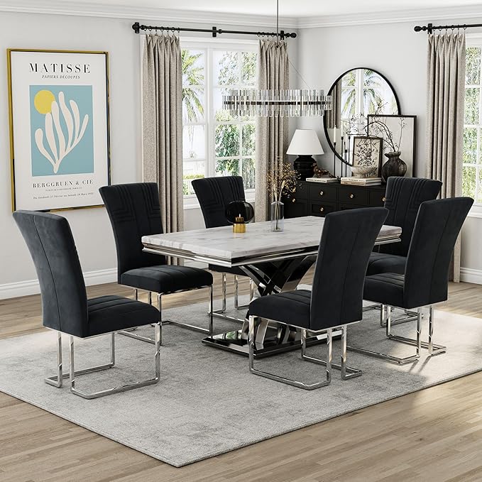 AUZ Dining Chairs Set of 4, Black and Silver Dining Chair with Velvet Upholstery and Mirrored Silver Sled Legs
