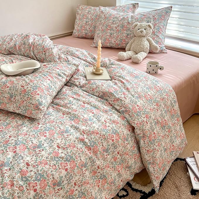 Boho Floral Duvet Cover Queen Soft Cotton Aesthetic Floral Bedding Sets French Style Pink Blue Flower Branches Duvet Cover Chic Shabby Garden Floral Comforter Cover Botanical Queen Size Bedding Sets