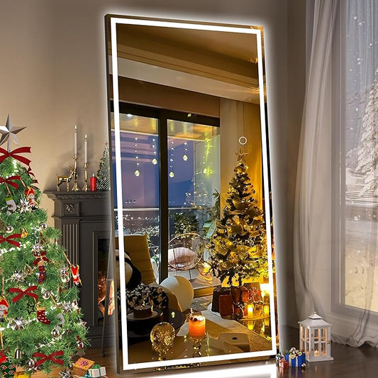 Hasipu Full Length Mirror with Lights, 79" x 36" LED Lighted Floor Standing Mirror, Full Body Dressing Hanging Mounted Mirrors, Dimmable, Tempered Glass, Safe to Use, Square Black
