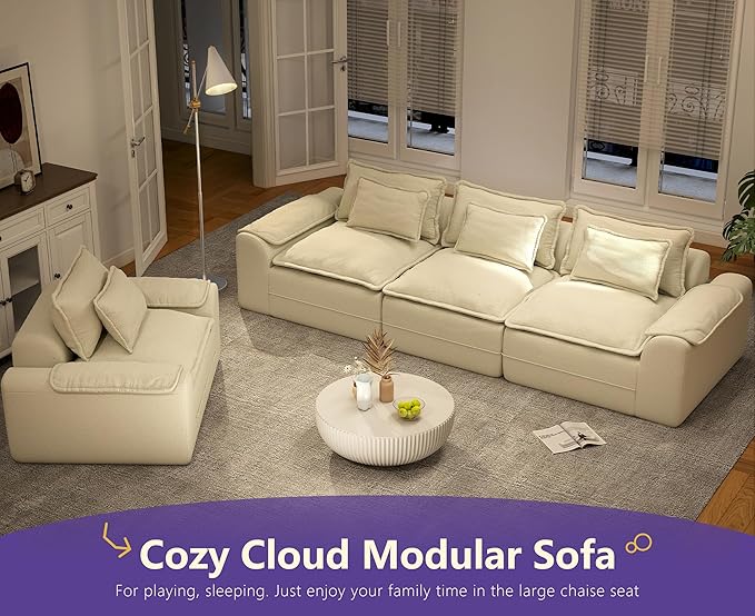 Hobestluk 120" Cloud Sectional Couch 3-Seater Sofa with Deep Seat Modular Sofa with Removable Cover Large Sofa Couch for Living Room (Beige, 3-Seater Sofa)
