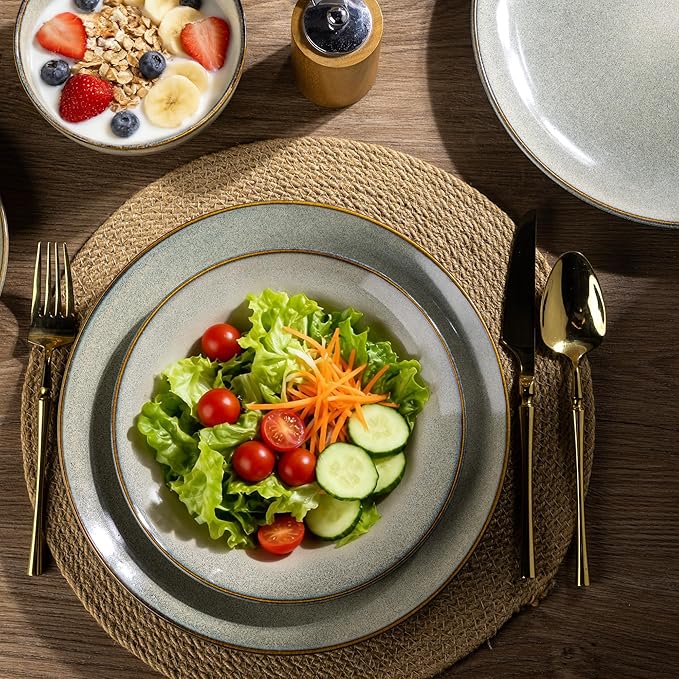 AmorArc Ceramic Dinnerware Sets for 8, 24 Pieces Handpainted Stoneware Plates and Bowls Set, Scratch Resistant Dishes Set, Dishwasher & Microwave Safe, Reactive Color