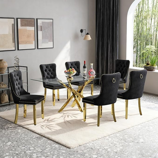 Goujxcy 51" Glass Dining Table Set for 6, Modern Kitchen Table and Chairs Set w/Steel Legs, 7-Piece Dining Table Set w/Glass Gold Dining Table and 6 Black Velvet Chairs for Kitchen Dining Room