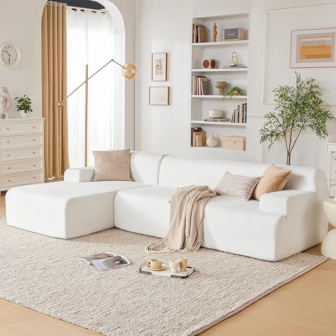 107" Modular Sectional Sofa, Boneless Couch Sponge Sectional Sofa for Living Room, High Density Sponges Cloud Couch,Modular L-Shape with Chaise, White