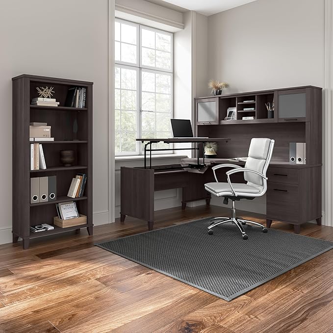 Bush Furniture Somerset 72W 3 Position Sit to Stand L Shaped Desk with Hutch in Storm Gray | Adjustable Height Table for Home Office