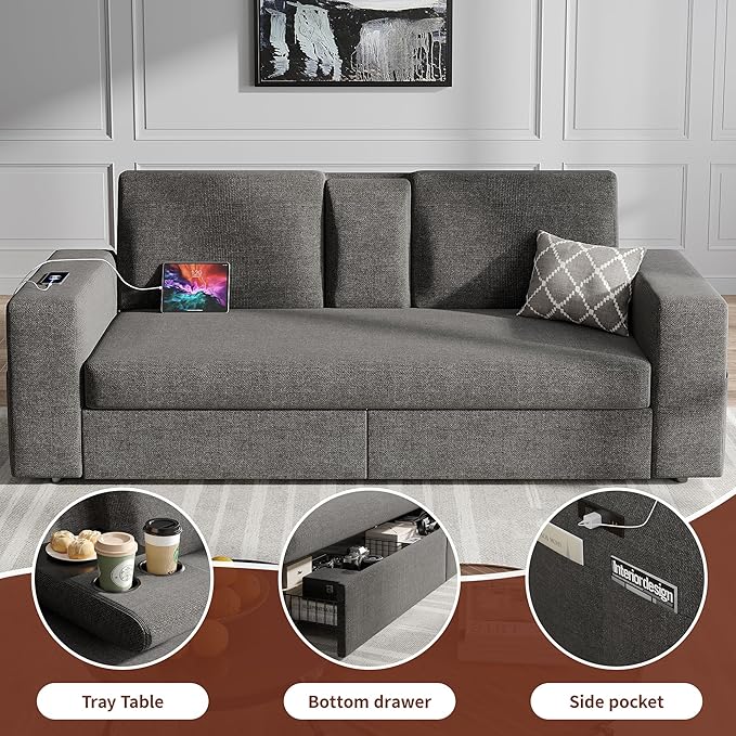 Maupvit 75” Loveseat Sofa with 2 Drawers, USB & Type-C Charging Port, Comfortable Linen Living Room Couch with Small Table Board, Upholstered Small Settee Fits Bedroom, Office, Grey