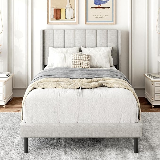 Twin Size Bed Frame with Upholstered Wingback Headboard, Easy Assemnly Platform Bed, Wooden Slat Support No Box Spring Needed, Sand