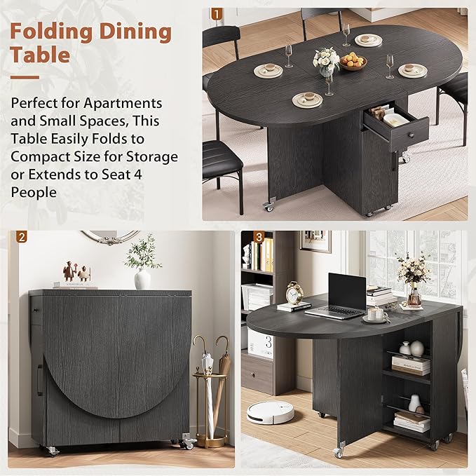 Folding Dining Table for 4 Kitchen Dining Room DinnerTable with Storage Drawer Space Saving Oval Foldable Drop Leaf Gateleg Furniture for Small Space (Black, 47 * 23.6 * 30)