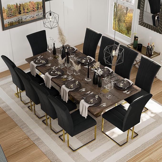 AUZ Dining Chairs, Black and Gold Velvet Upholstered Dining Room Chairs, Modern Luxury High Back Kitchen Chairs with Polished Gold Sled Legs, Set of 2