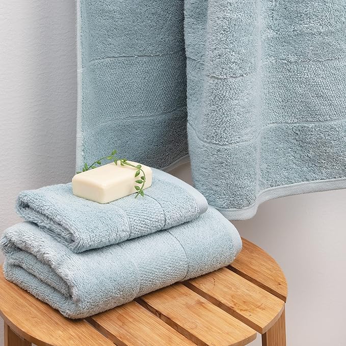 Aston & Arden Aegean Terry Hand Towels - Set of 4 - Ringspun Turkish Cotton Thick and Soft Absorbent Luxury Hotel and Spa Bathroom Towel, 600 GSM, 18 x 32 in, Sterling Blue