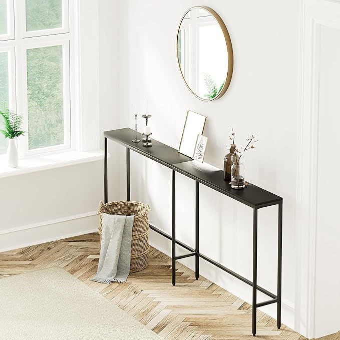 70.9" Console Table,Modern Extra Narrow Long Sofa Table Behind Couch,Skinny Entry Table with Black Metal Frame for Living Room, Hallway,Classic Black