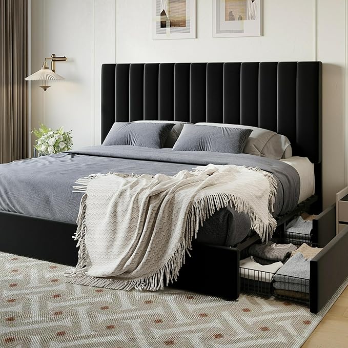 SHA CERLIN King Size Platform Bed Frame with 4 Storage Drawers, Vertical Channel Tufted Adjustable Headboard, Velvet Upholstered, Wooden Slats Support, No Box Spring Needed, Easy Assembly, Black