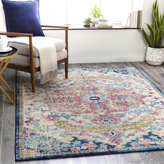 Livabliss Area Rugs - 7ft Round Odelia Vintage Boho Aqua Burgandy Blue Round Area Rug for Living Room Bedroom - Floral Medallion Stain Resistant Carpet for Kitchen, Nursery, Office (6'7" Round)