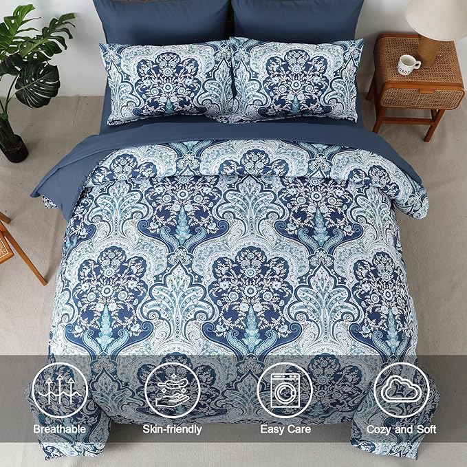 Drucon Paisley Comforter Set Queen Size, 7 Pieces Bed in a Bag Blue Boho Comforter, Soft Lightweight Microfiber Bedding Set (1 Comforter, 1 Flat Sheet, 1 Fitted Sheet, 2 Pillow Shams, 2 Pillowcases)