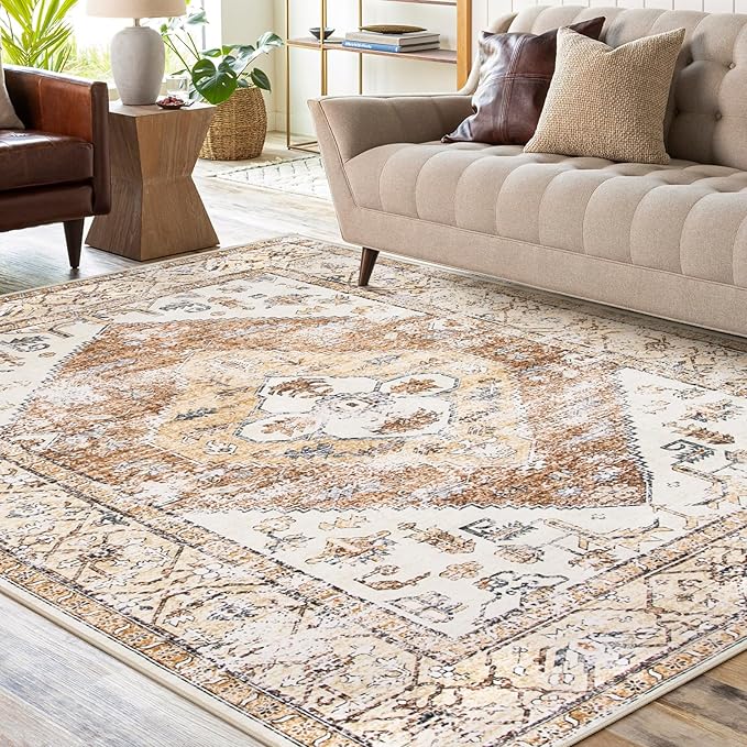 Lahome Rug for Living Room Machine Washable Area Rug 6x9 Boho Non Slip Bedroom Carpet Throw Ultra Thin Carpet for Dining Room, Farmhouse Neutral Print Soft Indoor Mat for Office Home (Taupe, 6'x9')