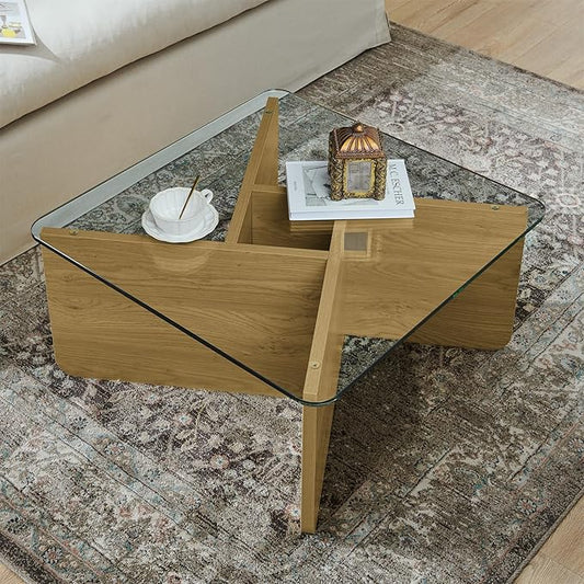 LKTART 31.5" Glass Coffee Table, MDF Mid-Century Modern Square Coffee Table with Tempered Glass Top, Square Center Tables for Small Space Living Room Office Apartment, Wood