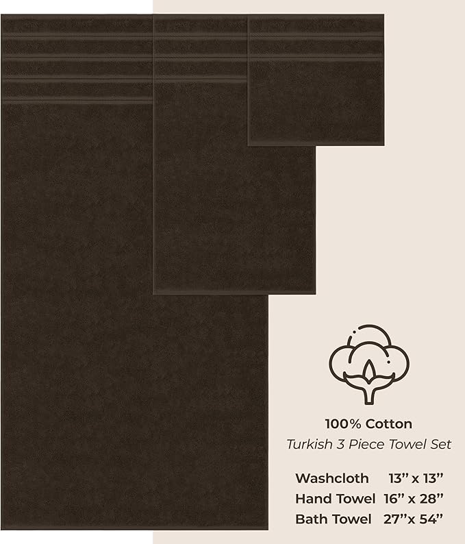 American Soft Linen Premium 3 Piece Towel Set, 1 Bath Towel 1 Hand Towel 1 Washcloth, 600 GSM 100% Cotton Turkish Towels for Bathroom, Brown Towel Set