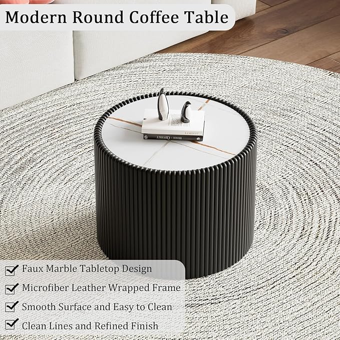 Black Round Coffee Table with Sintered Stone Tabletop, 17.71" Drum Coffee Table with Fluted PU Leather Covered and Stable Base, Circle Cocktail Tea Table for Living Room