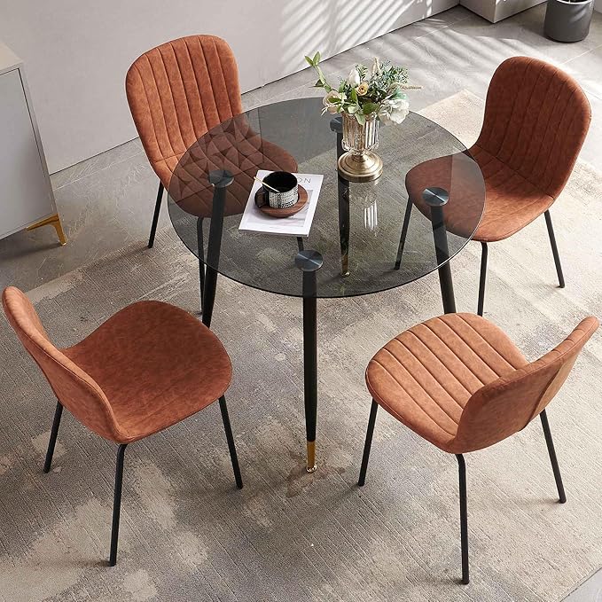 5-Pcs Round Dining Table Set for 4, 35.43" Round Kitchen Table Transparent with 4 Upholstered Home Chairs Space Saving Dining Chairs for Dining Room/Kitchen
