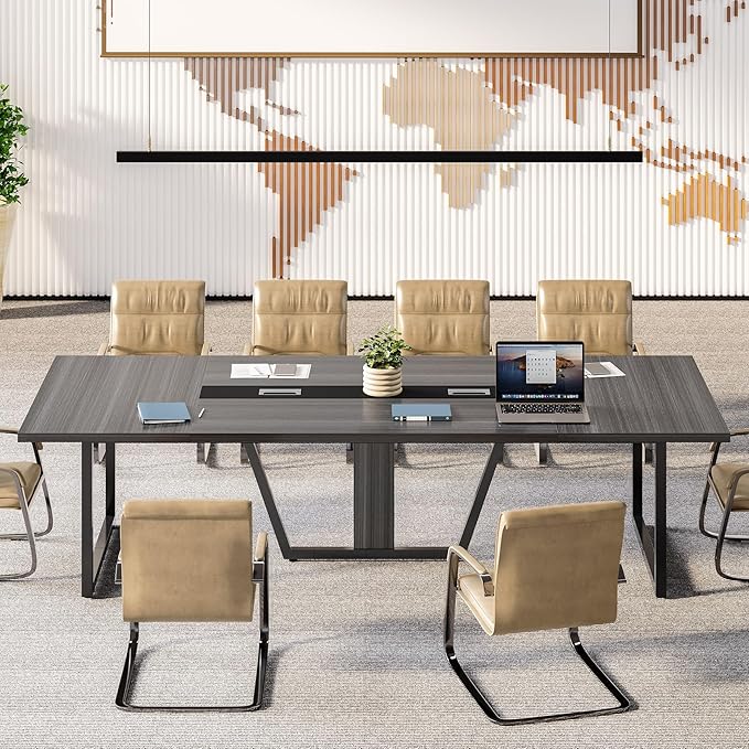LITTLE TREE 8FT Conference Table for 10 People, Large Meeting Table, Modern Wooden Conference Room Tables with Cable Management, Business Style Training Tables with Strong Metal Legs for Office, Grey