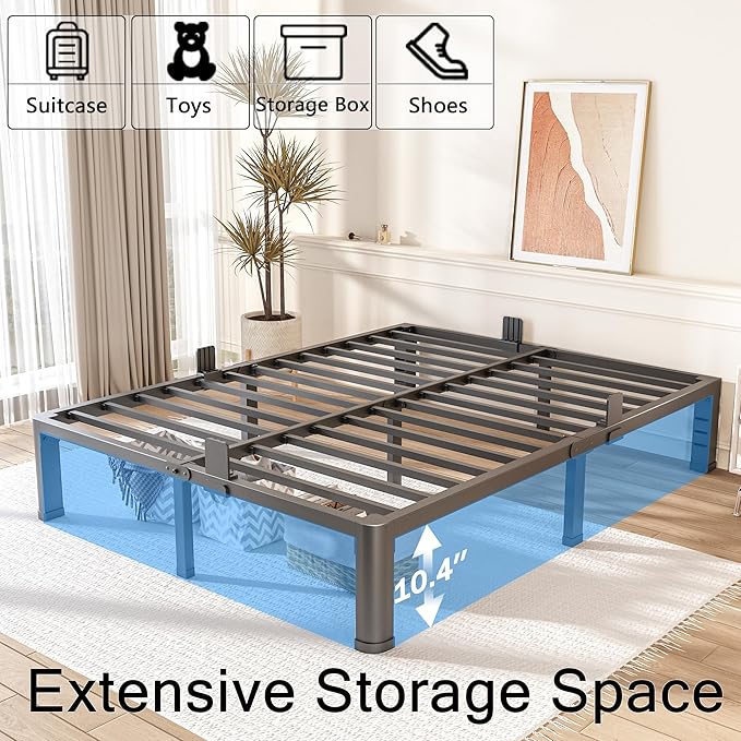 FUIOBYVV 12 Inch Queen Bed Frame with Rounded Corner and Headboard Hole Mattress Retainers 3500 LBS Metal Heavy Duty Steel Slats Support No Box Spring Needed Platform Noise Free Easy Assembly
