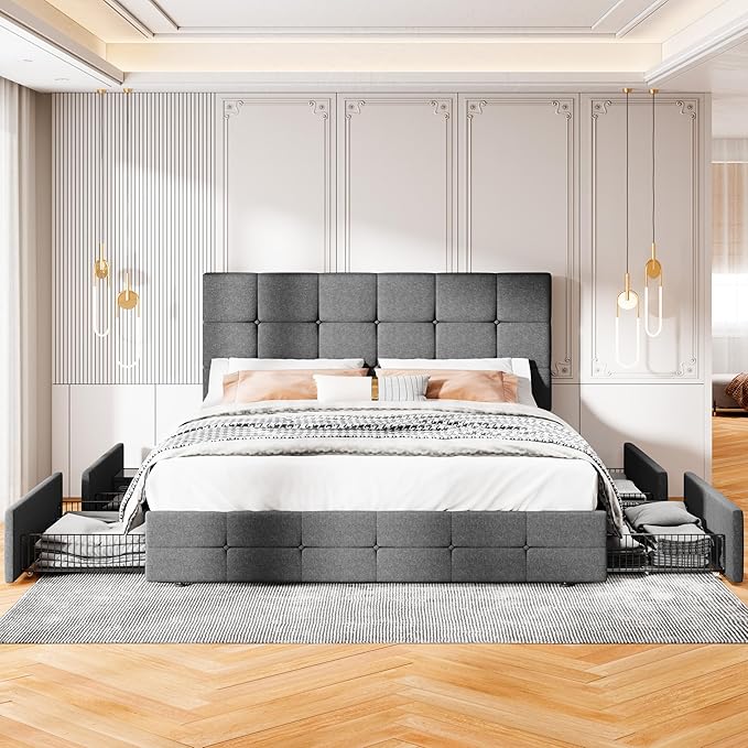 MUTICOR Queen Size Bed Frame with 4 Storage Drawers, Upholstered Platform Bed with Button Tufted Adjustable Headboard, No Box Spring Needed, Easy Assembly, Square Tufted, Dark Grey Fabric