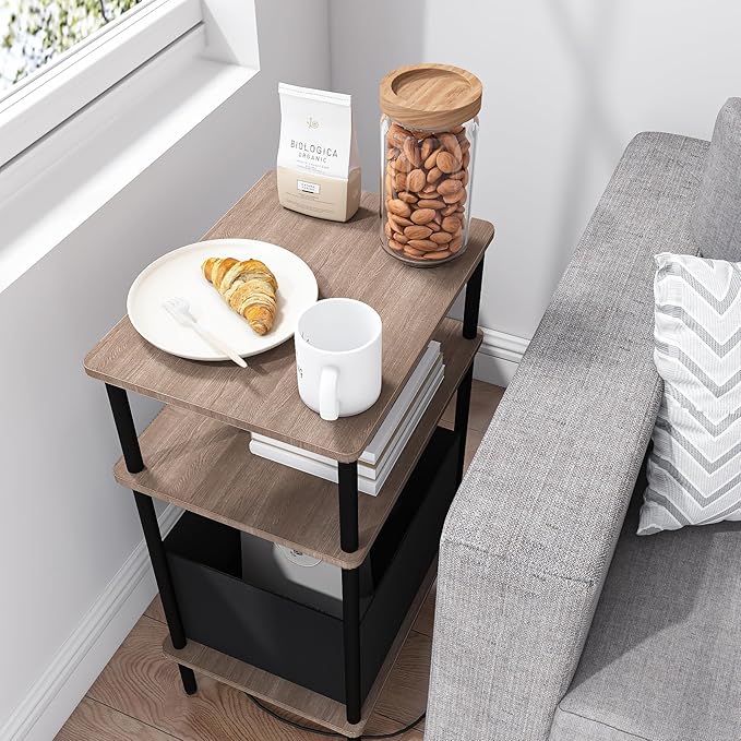 Small Side Table with Charging Station, Set of 2 End Table for Small Spaces, Slim Nightstand with Outlet,Sofa Beside Table, 3-Tier Storage Shelf,Living Room, Bed Room, Natrual Walnut