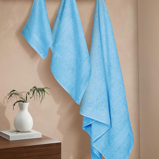 BOUTIQUO Ultra Soft 3 Pack Cotton Towel Set, Contains a Bath Towels 27x54 inch, a Hand Towels 16x24 inch & a Wash Coths 12x12 inch, Ideal Everyday use, Compact & Lightweight - Sky Blue