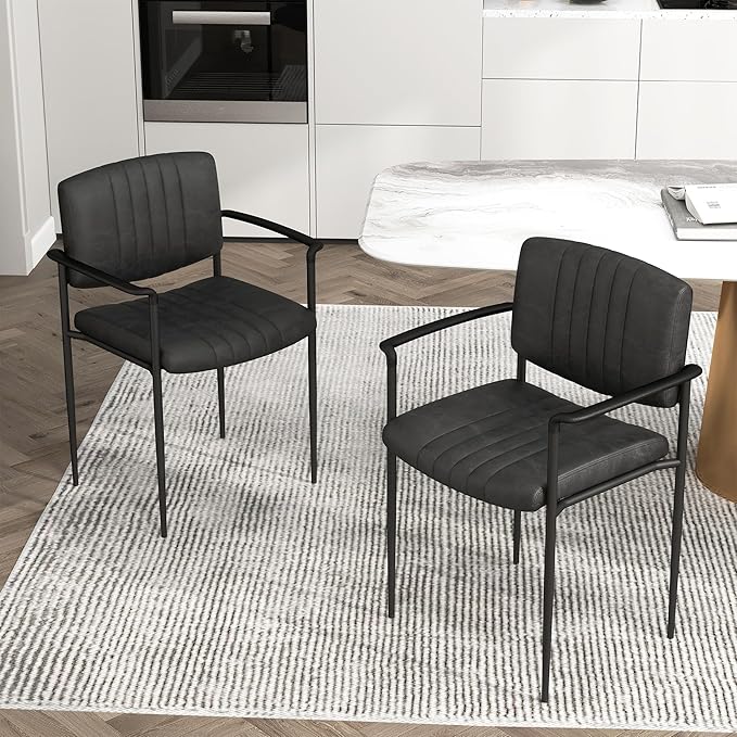 Mid-Century Modern PU Leather Dining Chairs Set of 4, Upholstered Kitchen Chairs with Arms and Metal Legs Adjustable Feet for Kitchen Dining Room(Black)