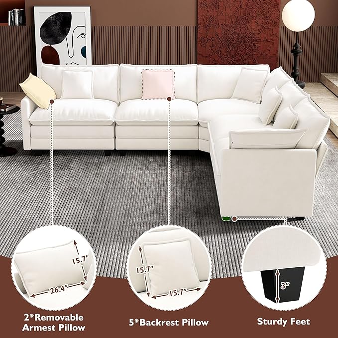Ihanherry 114" V-Shaped Modern Sofa Modular Sectional Cloud Couch with Corner Section, 5-Seat Chenille Deep Seat Sofa with 5 Pillows for Living Room, Bedroom and Apartment, Beige