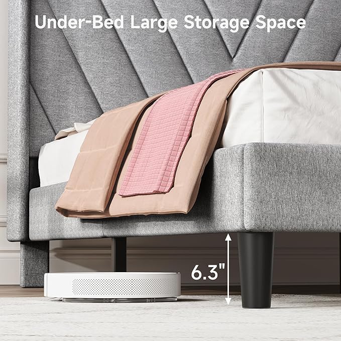 koorlian Full Size Bed Frame, Full Bed with Headboard, Adjustable Upholstered Bed Frame with Type-C&USB Port, Wingback Storage Headboard, Noiseless, No Box Spring Needed, Light Gray