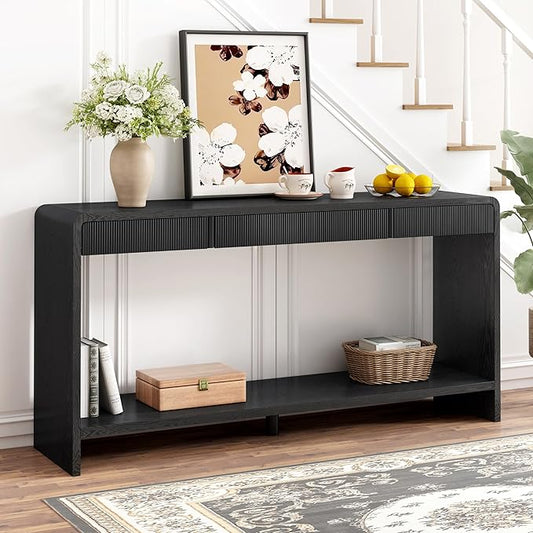 Modern Fluted Entryway Console Table 59’’ Long Entry Sofa Table with Drawers & Storage Shelf for Living Room Entrance Hallway, Easy Assembly, Black