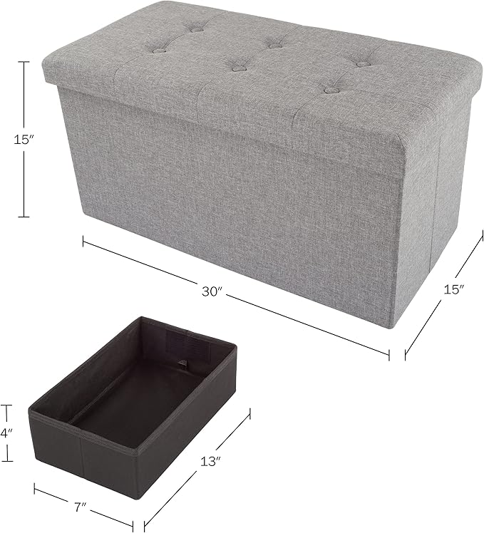 Folding Storage Ottoman - 30-Inch Tufted Footrest, Linen Chest, or Bench with Removable Bin for Living Room, Bedroom, or Dorm by Lavish Home (Gray)