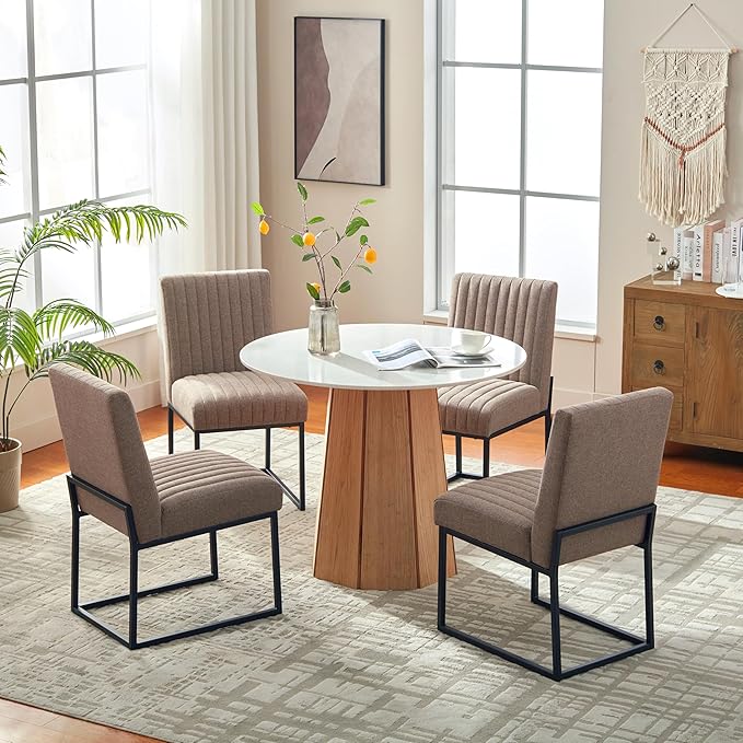 VKNOW Upholstered Dining Chairs Set of 4, Modern Dining Room Chairs with Stripe, Linen Kitchen Chair Dinner Chair with Black Metal Base for Kitchen Office, Brown