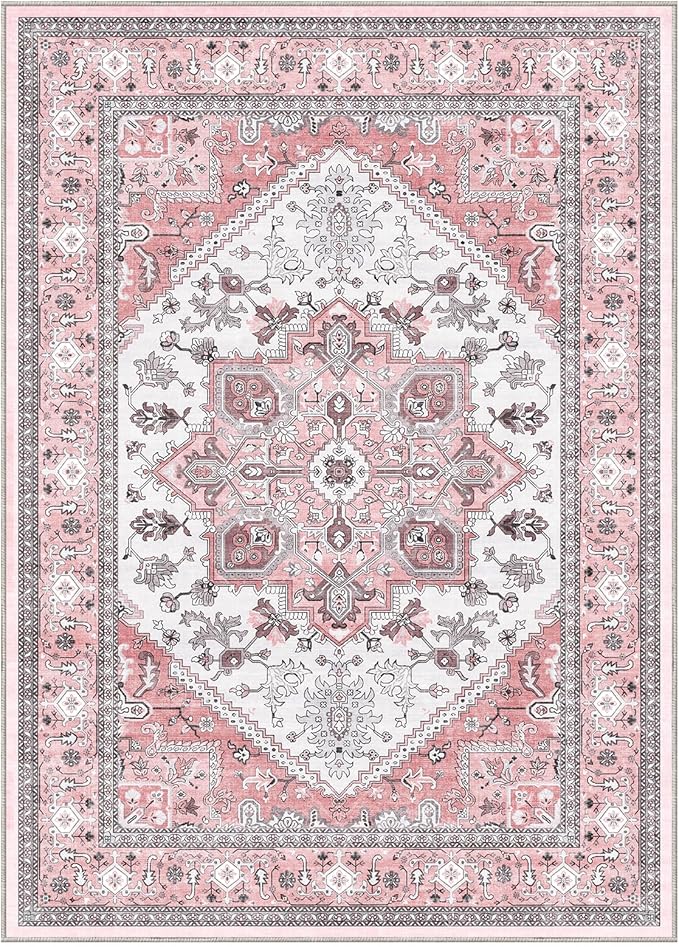 OPPODREAM Thin 8x10 Area Rugs, Washable Rugs 8x10 with Non Slip Backing, Faux Cashmere Low-Pile 8 x 10 Carpet, Pink & Cream