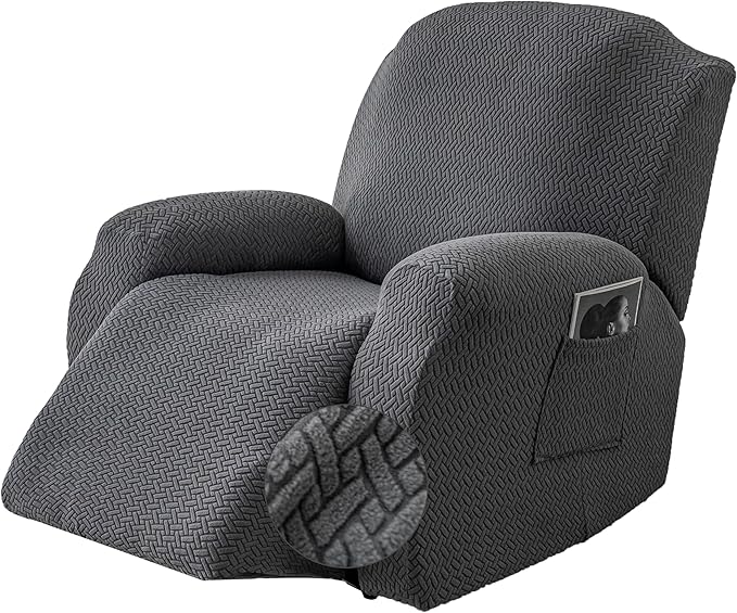 Genina Recliner Chair Cover, Stretch Reclining Chair Covers, Recliner Sofa Slipcovers Stripe Jacquard Lazy Couch Covers Furniture Protector Covers for Pet Kid (1 Seater, Dark Gray)