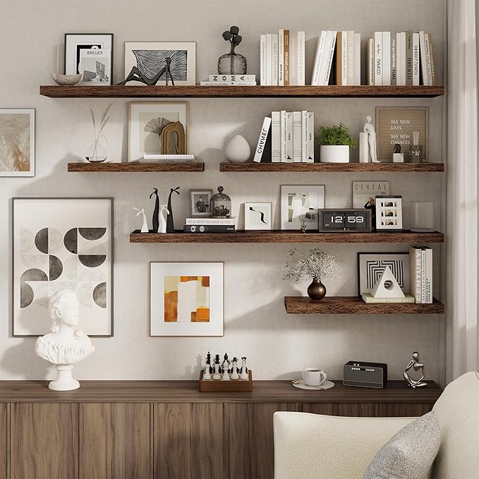 72 Inch Floating Shelves 2 Pack, 8 Inch Deep Floating Shelf Wall Mounted, Large Shelves with Invisible Bracket for Books, Rustic Wood Wall Shelf for Bedroom, Kitchen, Living Room, Rustic Brown
