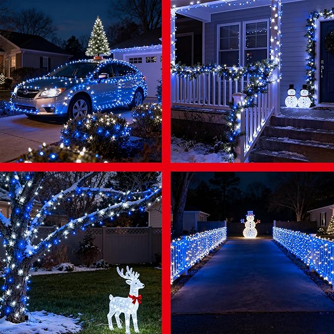 750LED Christmas Lights Outdoor Use, 240ft 12 Modes Blue and Cool White LED String Lights with Timer Dimmable, Waterproof Christmas Tree Lights for Xmas Patio Yard Fence Balcony Garden Decor