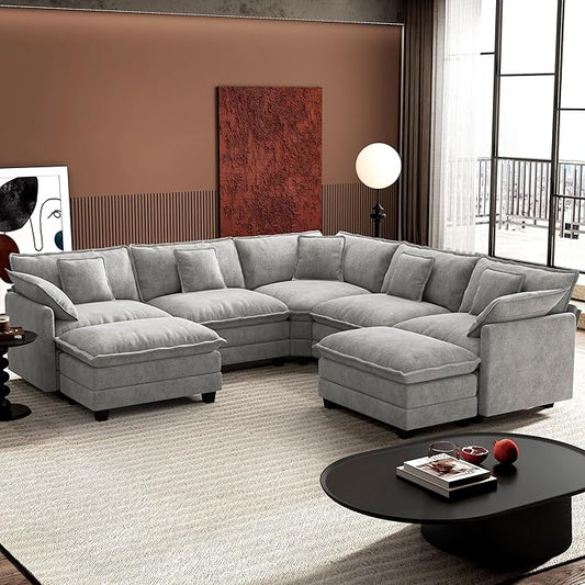 Ihanherry 114" V-Shaped Modern Sofa Modular Sectional Cloud Couch with 2 Ottoman, 7-Seat Chenille Deep Seat Sofa with Corner Section for Living Room, Bedroom and Apartment, Grey