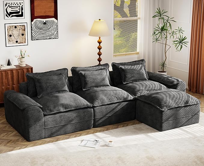 Hobestluk 120" Cloud Modular Sectional Couch 3-Seater Sofa with Ottoman L Shaped Sofa with Removable Cover Large Sofa Couch for Living Room (Dark Grey, 3-Seater Sofa with One Ottoman)