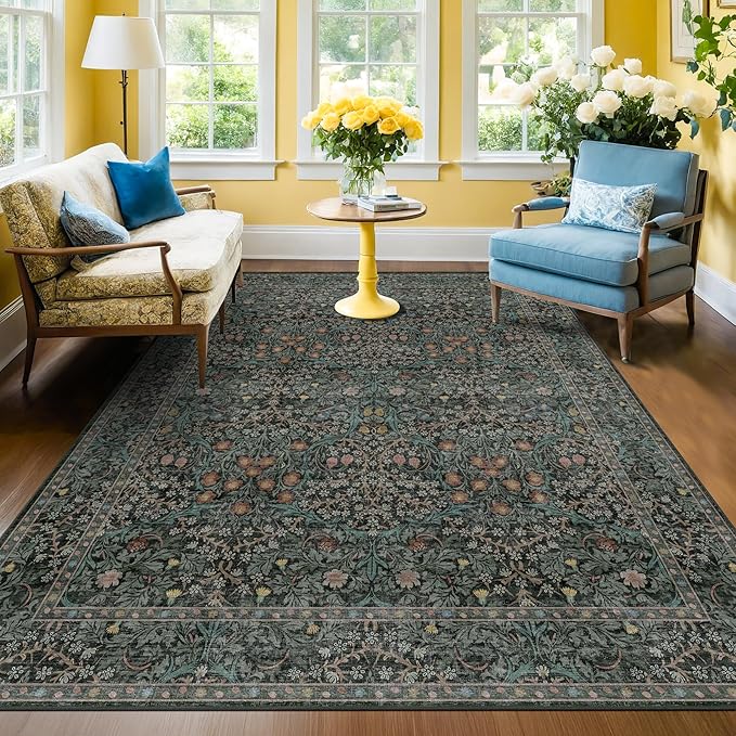 Washable 4x8 Wide Hallway Runner Rug, Vintage 8ft Soft Runners for Entry Kitchen, Non Slip Low Pile Thin Carpet for Living Room Bedroom Dining Room Foyer - Dark Green Floral Forest Décor