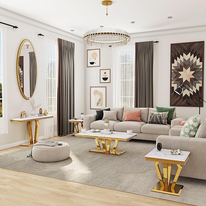 4-Piece Coffee Table Set, White and Gold Living Room Tables with 4 Geometric Bases, 1 Coffee Table + 2 End Table + 1 Console Table for Home Office