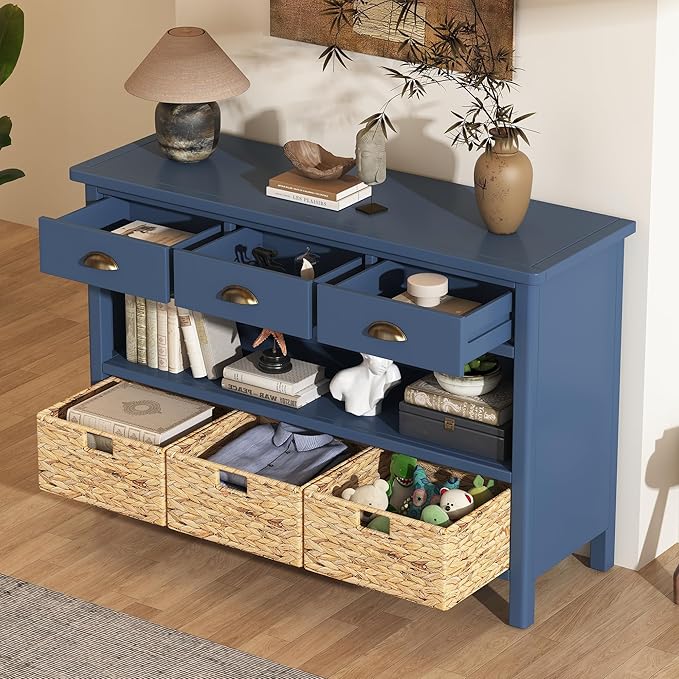 GDFStudio 47" Retro Console Table with 3 Drawers & 3 Water Hyacinth Baskets, Wooden Entryway Buffet Table with Lower Shelf, Vintage Side Board Storage Cabinet for Entryway Hallway Living Room, Navy