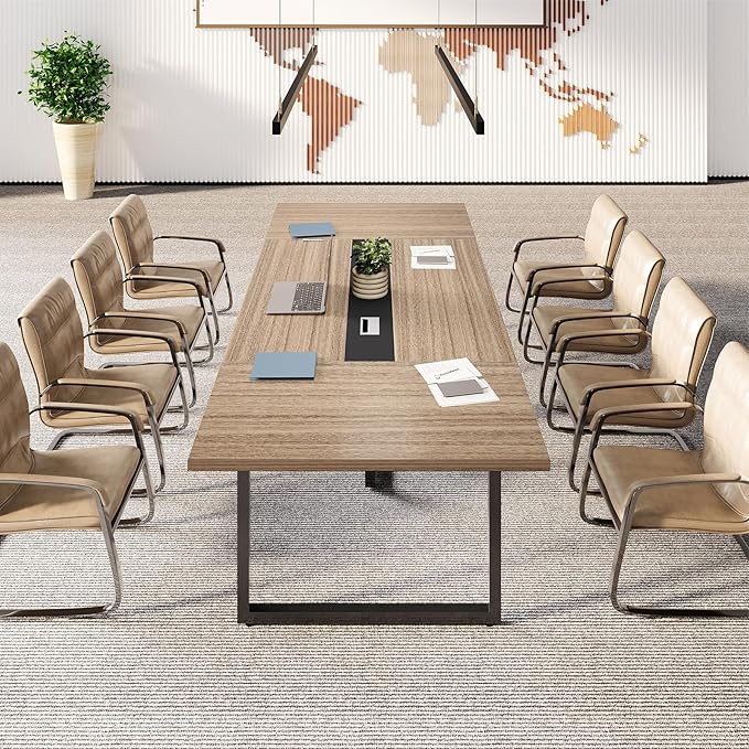LITTLE TREE 8FT Conference Table for 10 People, Large Meeting Table, Modern Wooden Conference Room Table with Cable Management, Business Training Table with Strong Metal Legs for Office, Maple Color