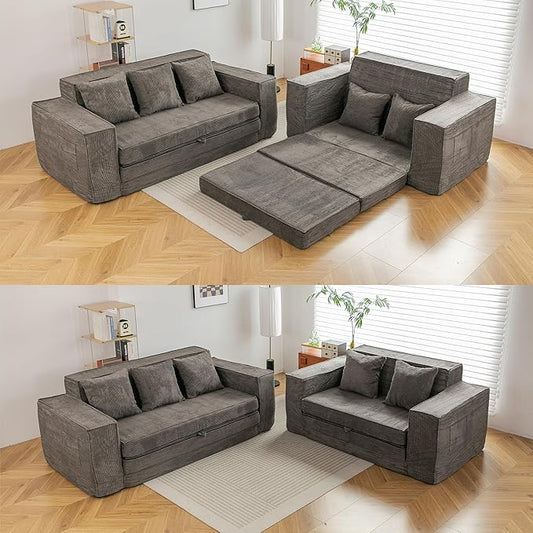 HOMREST Convertible Memory Foam 3-seat Sofa & Loveseat, Pull Out Sleeper Sofa Bed, 2 in 1 Folding Couch Bed, Fold Out Floor Couch Corduroy Fabric with Pillows for Living Room Bedroom Lounge(Grey)