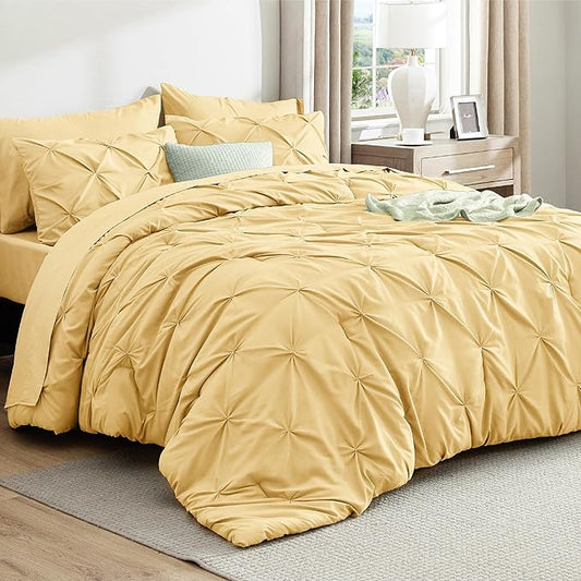 Bedsure King Size Comforter Set Yellow - Bed in a Bag Bedding Set 7 Pieces, GentleSoft™ Pintuck Bed Set Gift for Family, Pinch Pleat Yellow Comforter with Sheets, Pillowcases & Shams
