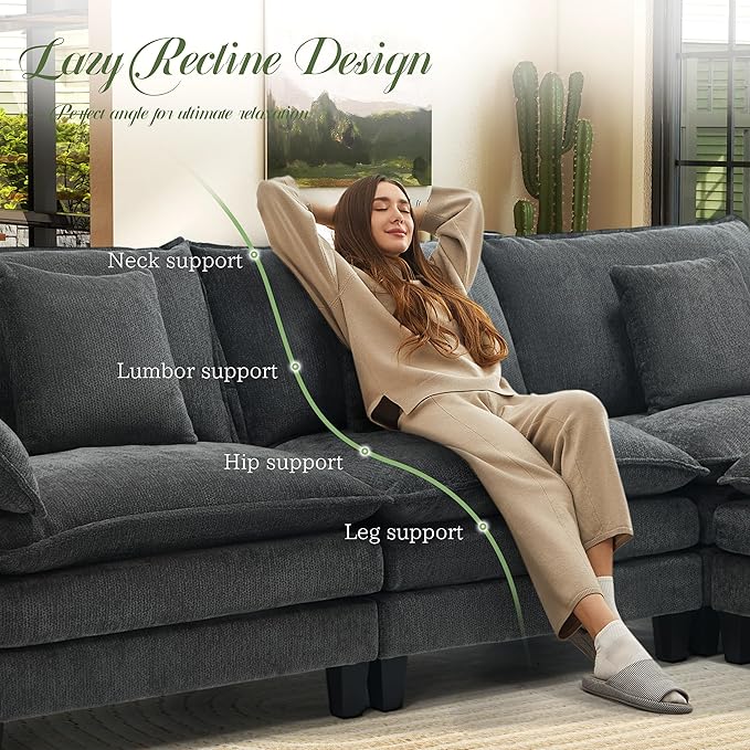 Modular Sectional Sofa, Comfy Cloud Couch with Movable Ottoman, Deep Seat Couches for Living Room, Bedroom and Apartment, 140" U Shaped Modern Sofa with Pillows, Grey