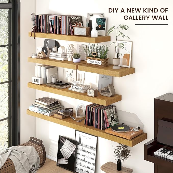 Floating Shelves for Wall, 24 Inch Wide x 12 Inch Deep Floating Shelves, Long Wood Floating Wall Shelf Shelves for Living Room Bathroom Bedroom Kitchen Home - (Oak, 24" W x 12" D x 2" H)