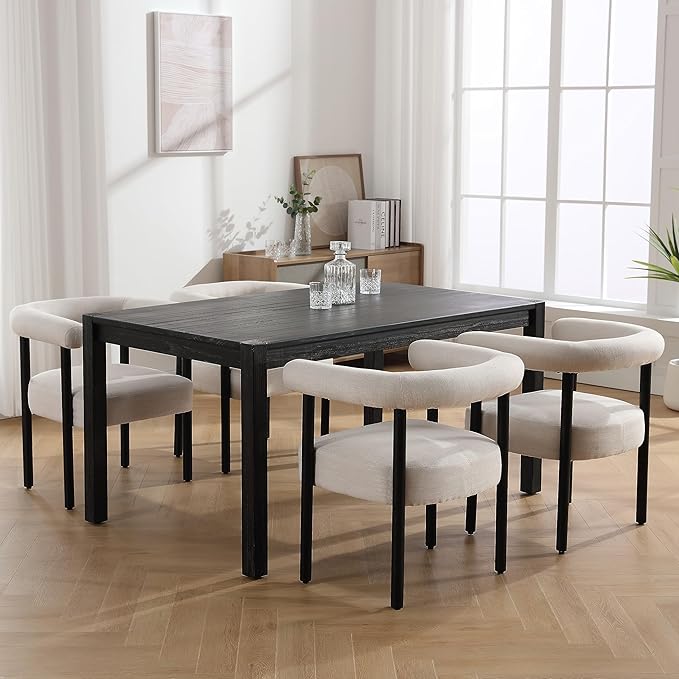 Beige Linen Dining Chairs Set of 6, Modern Upholstered Dining Chairs, Curved Backrest Kitchen Dining Room Chairs Accent Chairs Arm Chairs with Black Wood Legs